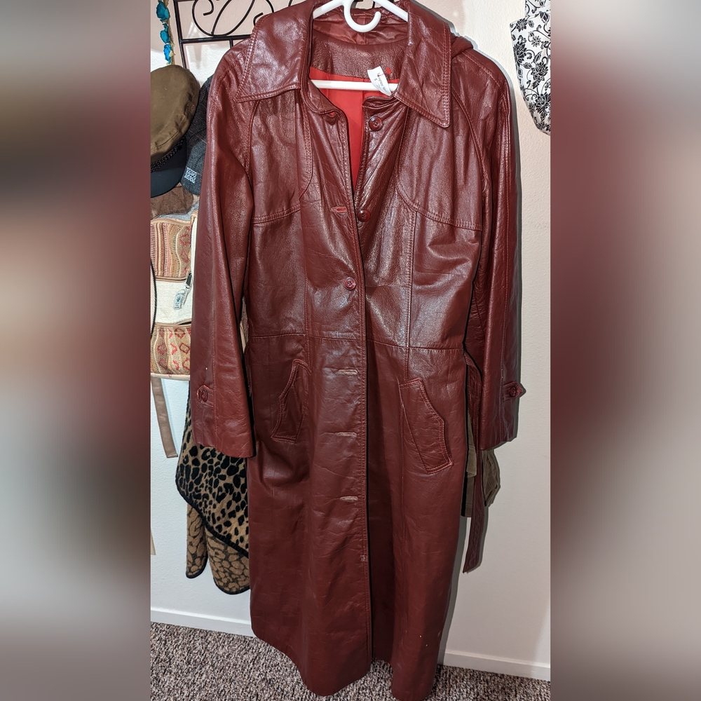 Dark red leather trench coat